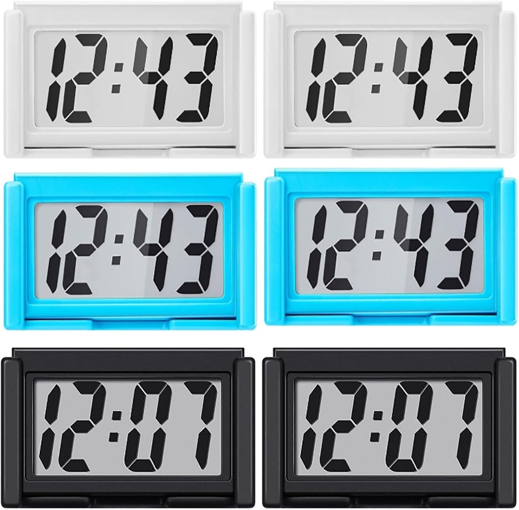 Frienda 6 Pieces Mini Digital Clock Small Digital Clock Stick on Battery Operated Self Adhesive Bracket for Car Dashboard Fridge (Blue,Black,White)