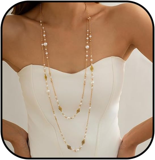 Long Pearl Necklaces for Women Dainty Layered Pearl Necklaces Pearl Long Chain Necklace Bridal Wedding Party Jewelry