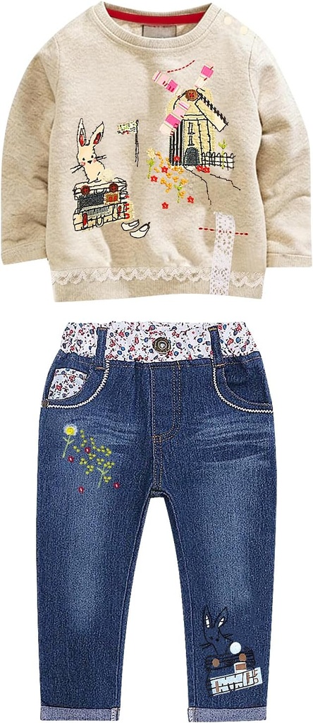 MAXIMGR Toddler Girl Clothes Baby Girl Outfits Cute Long Sleeve Cartoon Top + Jeans Pants Fall Winter Girls Clothing Sets