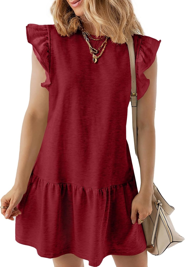 Acelitt Womens Casual Summer Crewneck Babydoll Flowy Tiered Mini Dress, S-XXL