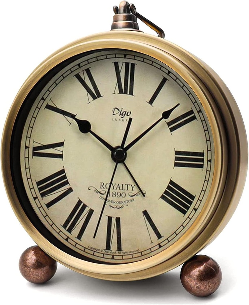 Maxspace Metal Golden Table Clock, Retro Vintage Non-Ticking Small Alarm Clock,Battery Operated Silent Quartz Movement HD Glass Desk Clock for Bedroom Living Room Indoor Decoration Kids… (Roman2)
