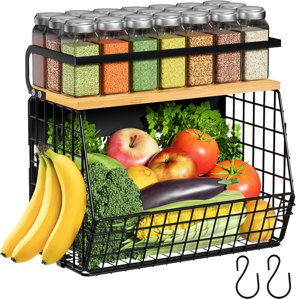 Magnetic Shelf for Fridge with Wood Lid, Fruit Potato and Onion Storage Bins, Pantry Organizers & Storage, Large Container Magnetic Spice Rack for Refrigerator, Kitchen Counter, Cabinet