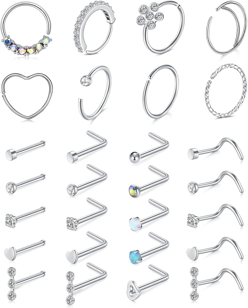 Mayhoop 20g Stainless Steel Nose Rings Hoop L Shape Nose Studs Nose Screw Bone Silver Rose Gold Black Rainbow Pack for Women Men 28Pcs