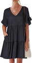 ANRABESS Dresses for Women Summer 2025 V Neck Ruffle Sleeve A Line Tiered Flowy Casual Trendy Mini Beach Dress with Pockets