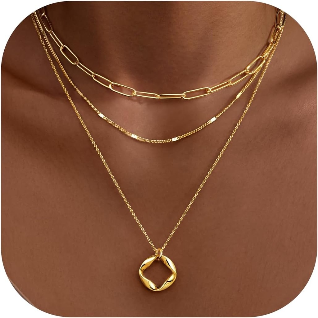 Layered Gold Necklaces for Women,Stackable Dainty 14K Gold Silver Plated Trendy Circle Paperclip Chain Pendant Choker Necklace,Simpl Diamond Cross Bow Jewelry Set Gifts for Women