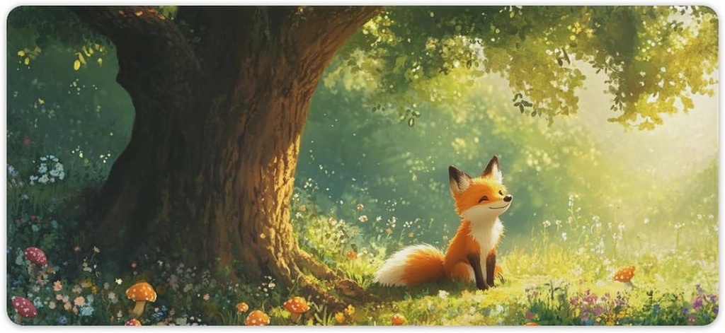 Cute Fox Mouse Pad, Large Extended Desk Mat 40×90cm (16''×36'')， Forest Animal Gaming Mousepad with Non-Slip Rubber Base, Stitched Edges, Water-Resistant for Office Home