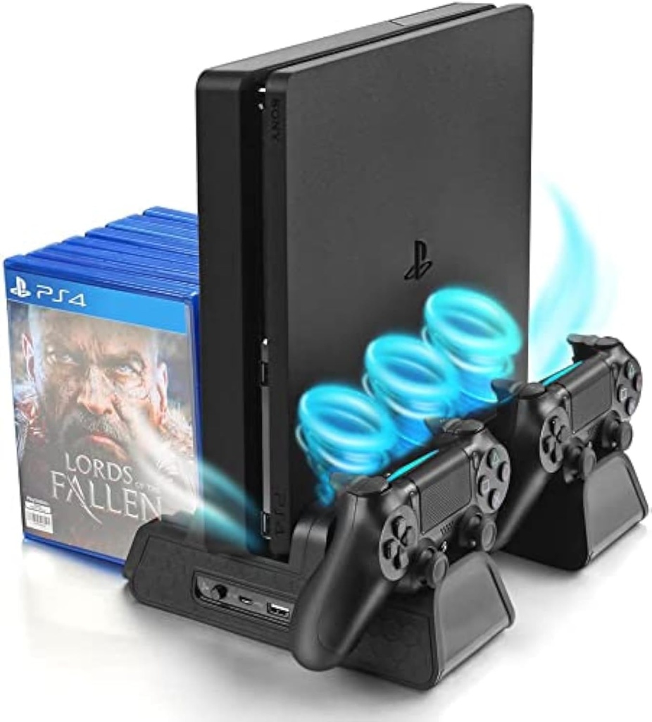 Vertical Stand for PS4/PS4 Slim/PS4 Pro - Cooling Fan with PS4 Charger Controller Charging Station with Game Storage (Black)