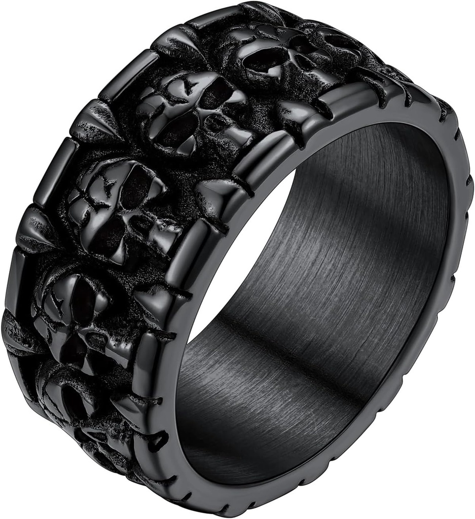 ChainsHouse Skull Rings for Men, Stainless Steel/Black Plated Gothic Rings, Skeleton Cocktail Party Biker Ring, Offer Custom Service, Size 7-14, Send Gift Box