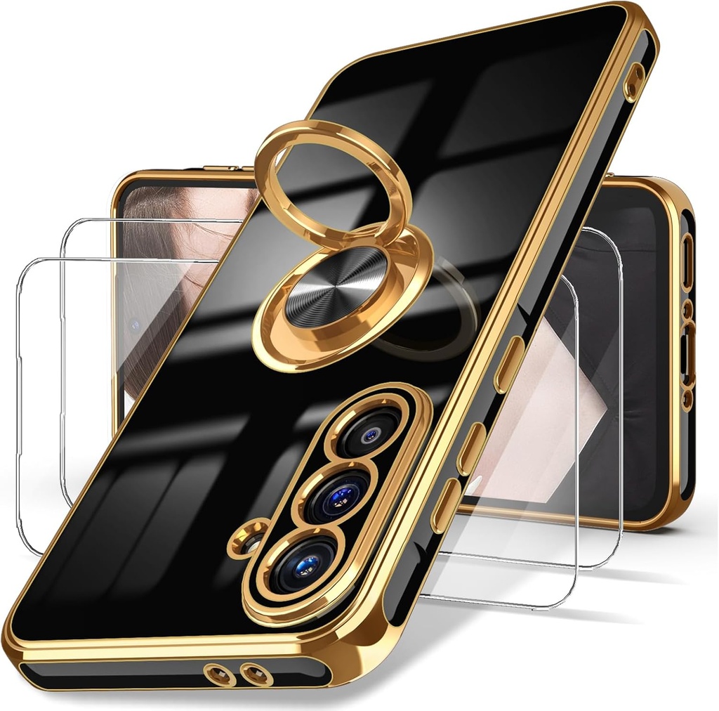 Dretal for Samsung Galaxy A37 5G Case,2X Screen Protector,360° Rotatable Ring Holder Magnetic Kickstand,Plated Gold Edge Slim Soft TPU Protective Phone Cover for Galaxy A37 5G (Black)