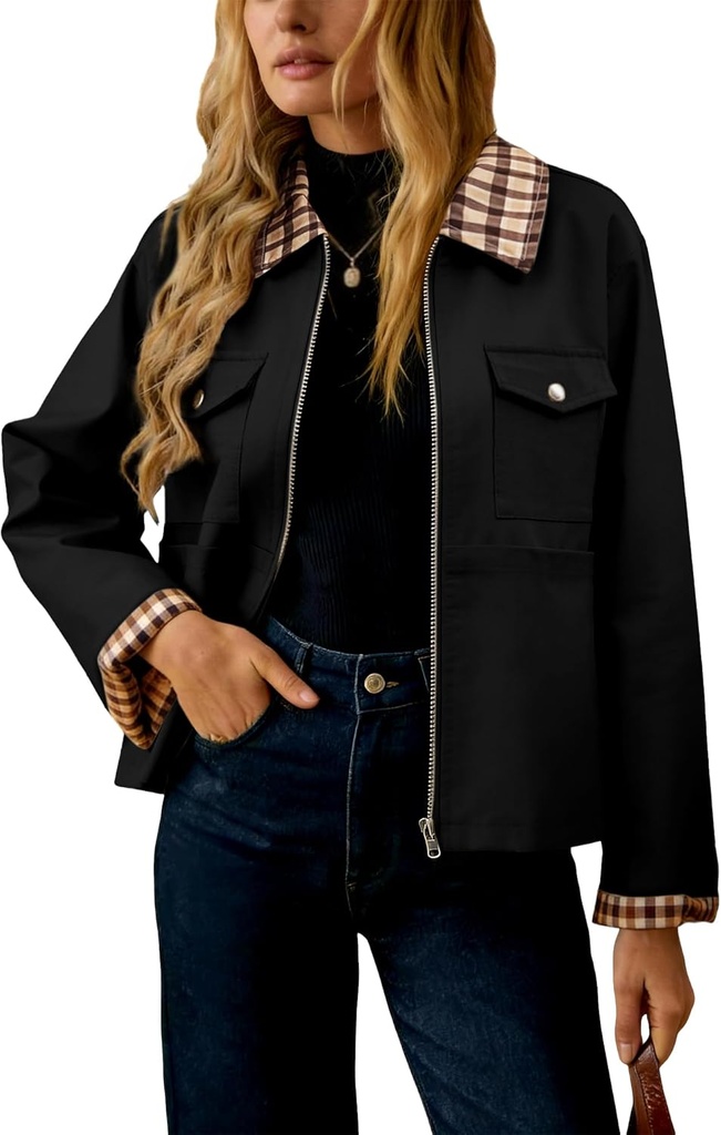 UEAL Womens Plaid Casual Barn Jacket 2026 Long Sleeve Zip Up Spring Outfits With Pockets