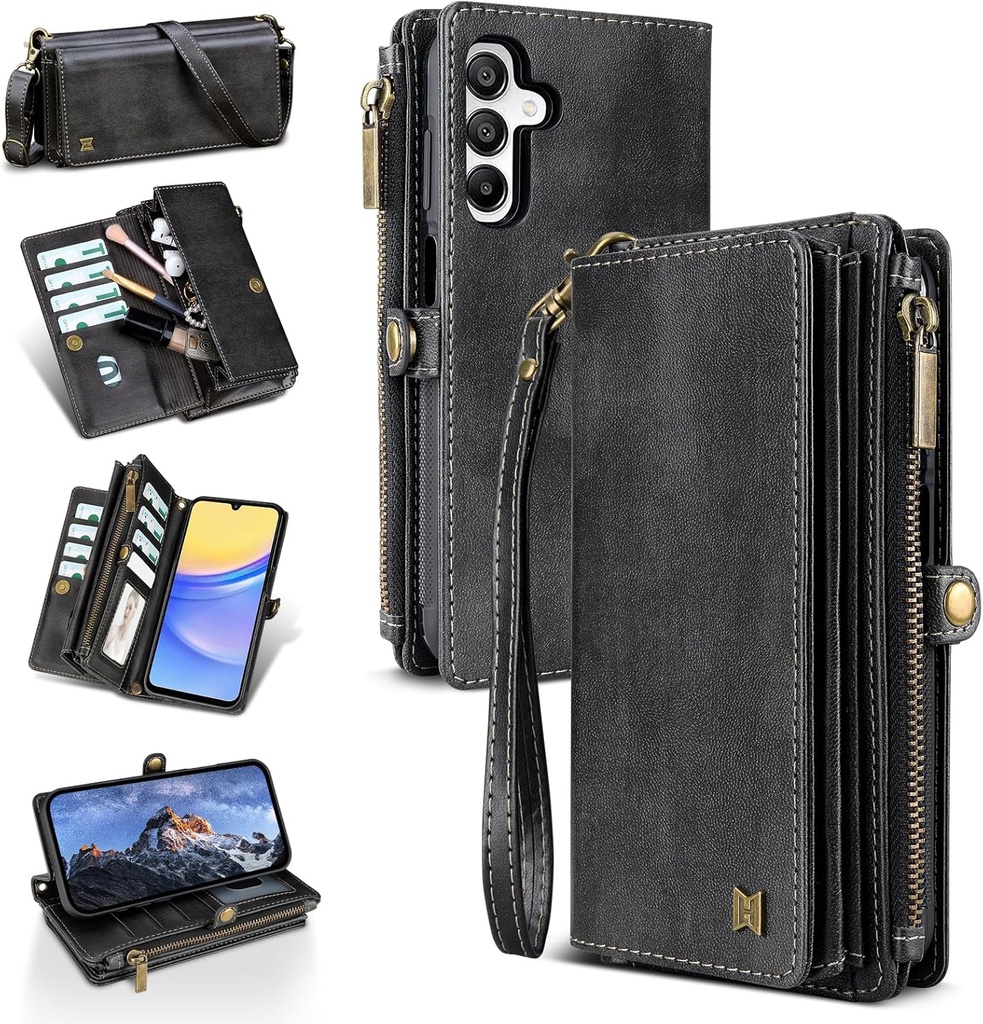 Compatible with Samsung Galaxy A15 Wallet Case,RFID Blocking PU Leather Phone Case Women Men Kickstand flip Cover Wrist Strap Zipper Credit Card Holder Slots for Galaxy A15(Black)