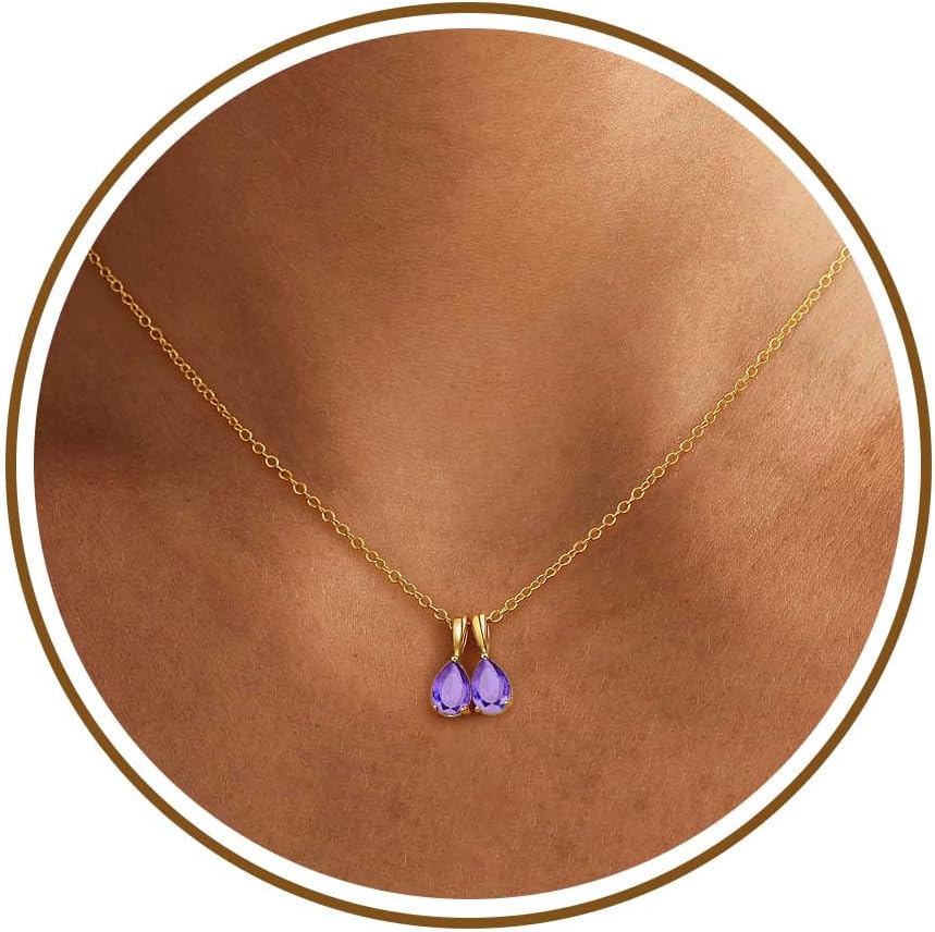 JSJOY Graduation Gifts for Girls, Birthstone Necklace for Women Dainty Gold Birthstone Pendant Necklace Birthday Gifts for Women Double Birth Stone Necklace for Mom Wife 14k Gold Necklace Jewelry