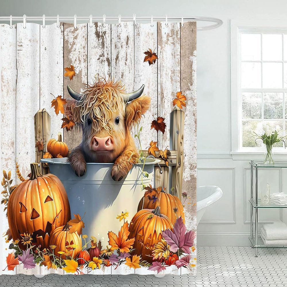 Lofaris Highland Cow Shower Curtain Sets Autumn Fall Western Farmhouse Wooden Funny Cattl Rustic Animal Bathroom Curtain Waterproof for Bathtub Decor 72x72 Inches with 12 Hooks