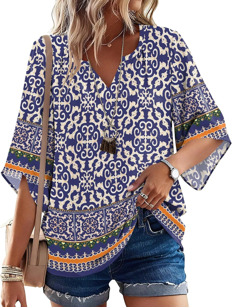 LOMON Women's 3/4 Length Sleeve Boho Tops V Neck Casual Vacation Clothes Loose Fit Tunic Shirts S-3XL