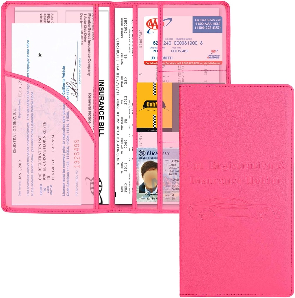 Cacturism Car Registration and Insurance Holder, Car Accessories Vehicle Glove Box Car Organizer Women Car Accessories with Magnetic Shut for Cards, Essential Document, Driver License, Hot Pink