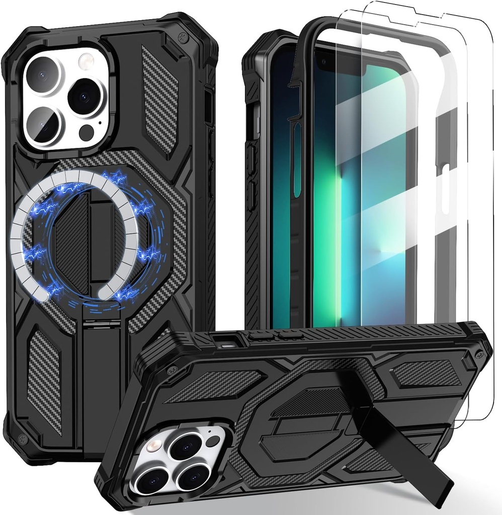 Magnetic for iPhone 13 Pro Max Case with Kickstand, [Compatible with MagSafe][Military Grade Protection] Shockproof Protective Cover with 2*Glass Screen Protector for iPhone 13 Pro Max 6.7"-Black