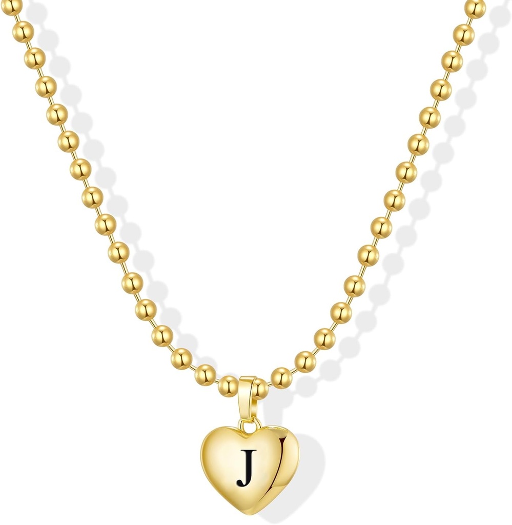 Heart Initial Necklaces for Women 14K Gold Silver Dainty Letter Charm Necklace Cute Bubble Personalized Name Pendant Ball Chain Necklace Non Tarnish Trendy Jewelry Gift