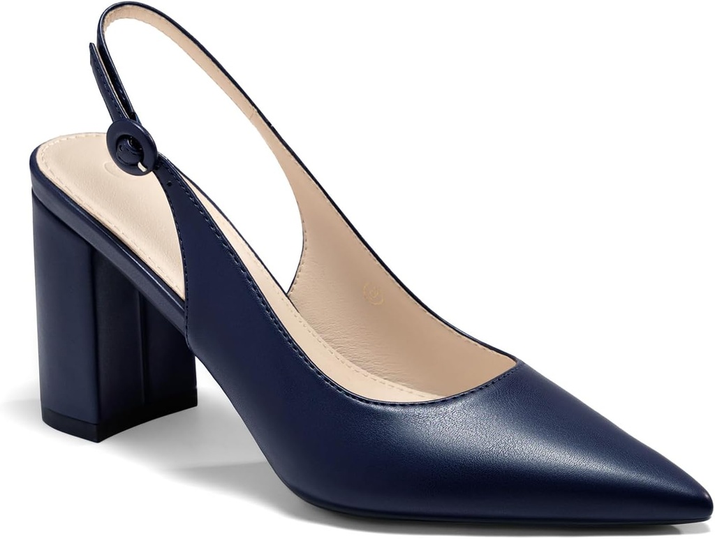 Women's Pointed Toe Block Heel Pumps Slingback Chunky Heel Slip On Work Party Dress Shoes