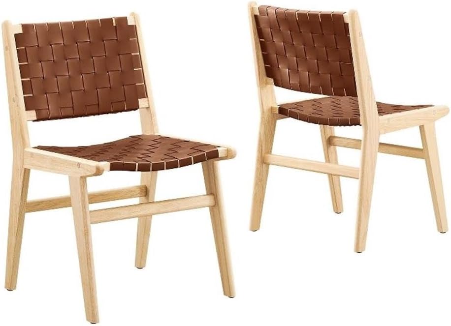 Modway Saoirse Faux Leather Wood Dining Side Chair - Set of 2 in Natural Brown