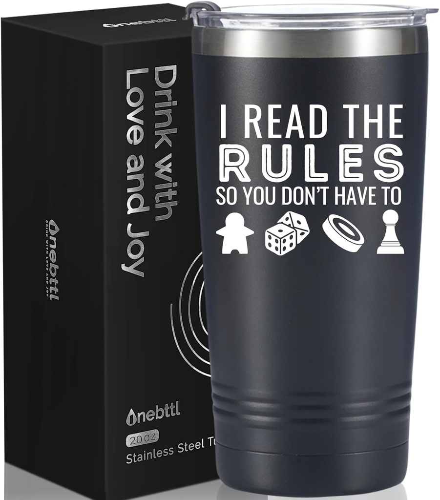 Onebttl Board Game Lovers Gifts, Gifts for Board Gamers, 20oz Stainless Steel Black Insulated Tumbler with Lid & Straw, Black - I Read the Rules, So You Don't Have to