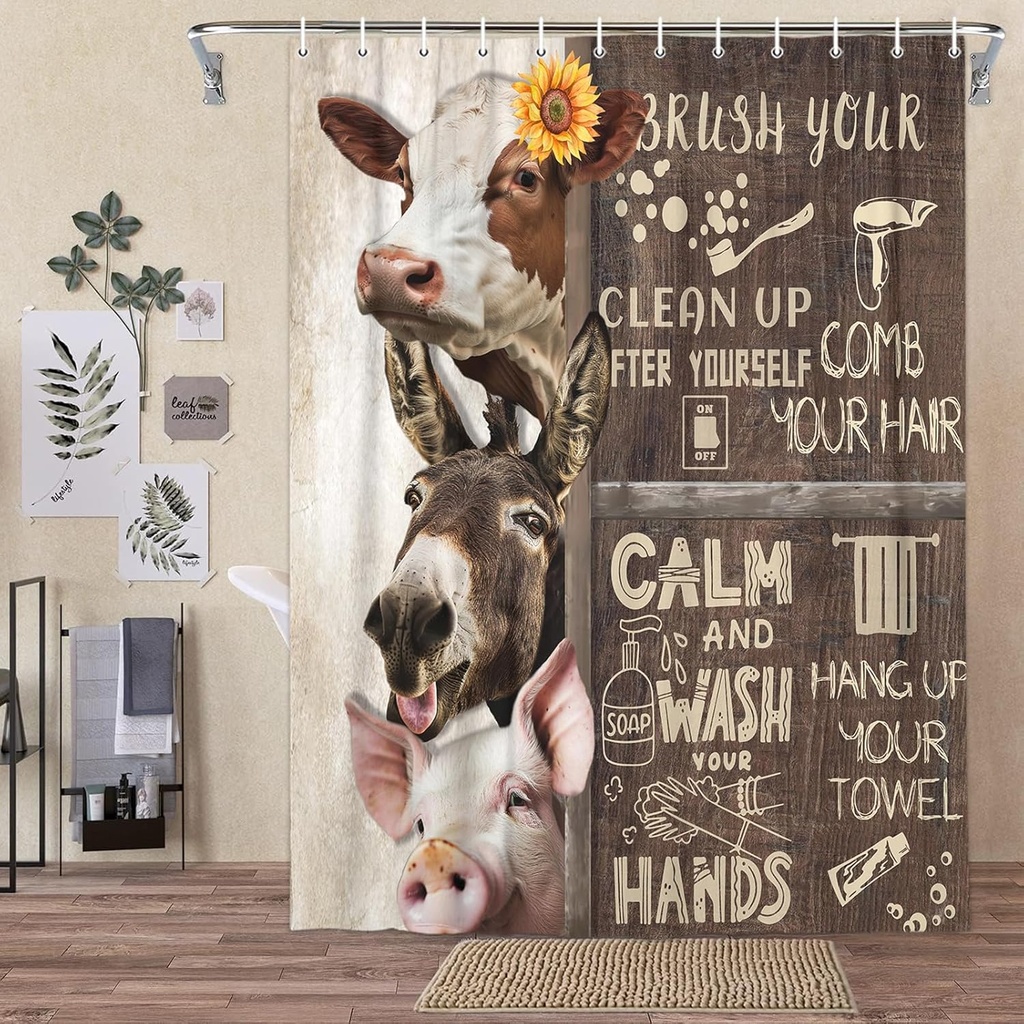 Funny Farmhouse Shower Curtain, Rustic Bathroom Rules Shower Curtain Set for Bathroom, Adults Animal Fabric Shower Curtain Restroom Bathtub Decor Accessories with Hooks 72X 72 inch
