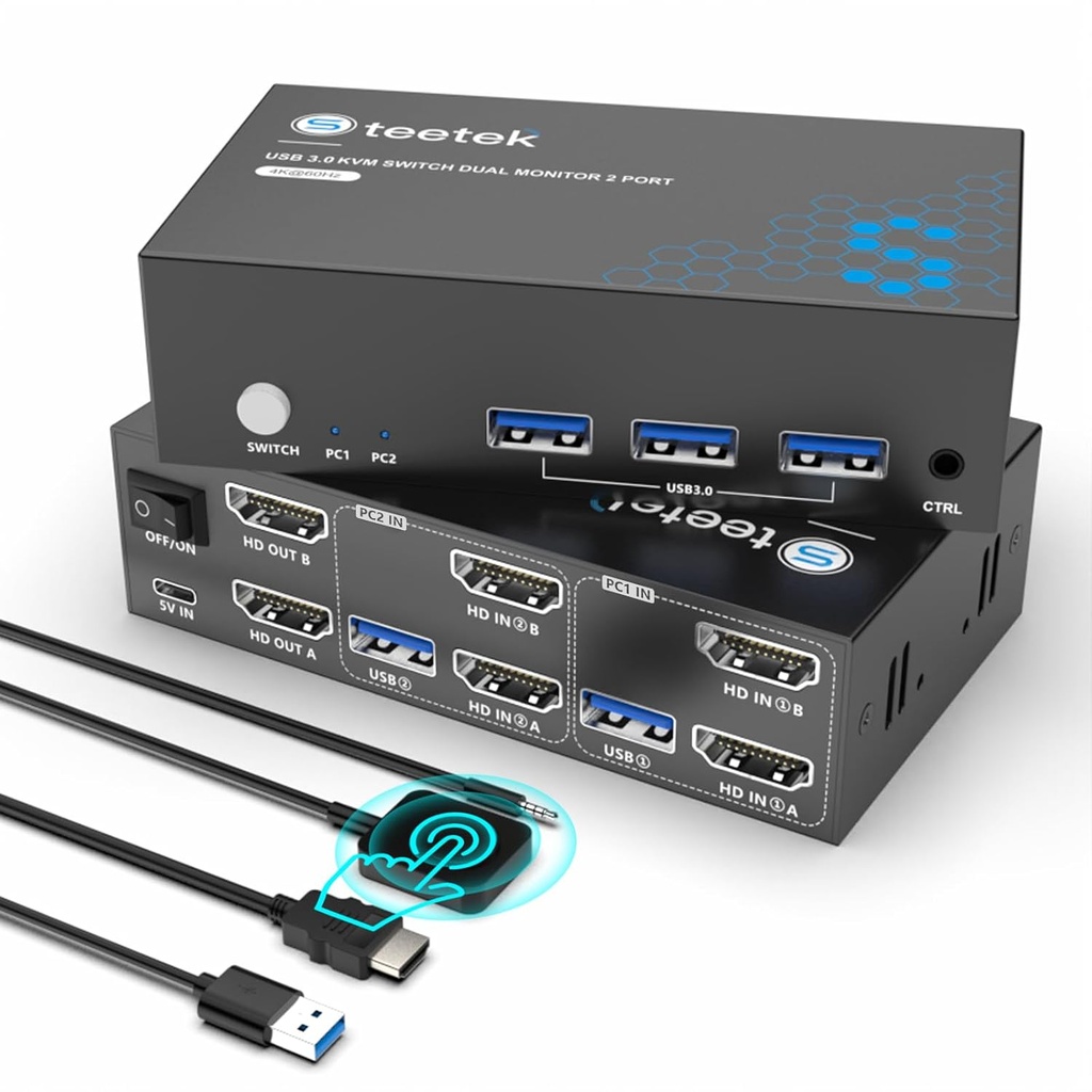 Hdmi KVM Switch 2 Monitors 2 Computers, 3 USB 3.0 Ports,4k@60Hz Kvm Switches Sharing of Dual Monitors Keyboard Mouse Hard Drive and Printer Between 2 Computers，with EDID，2 USB Cables and 1 Controller