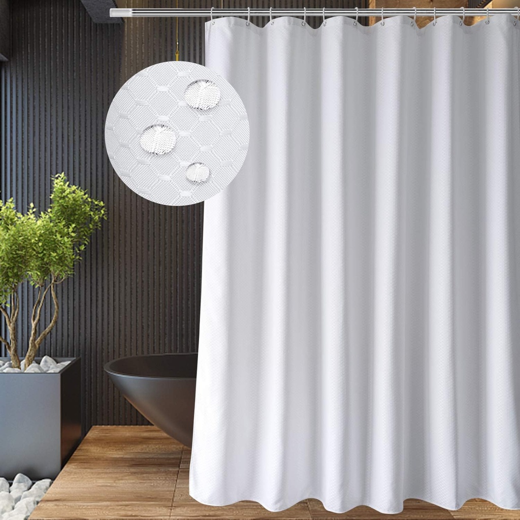EurCross Solid White Fabric Shower Curtain Extra Long 84 inch, Heavyweight, Water-Repellent Waffle Weave Pattern Bathroom Shower Curtain, Long Size 72 inch Wide by 84 inch Long