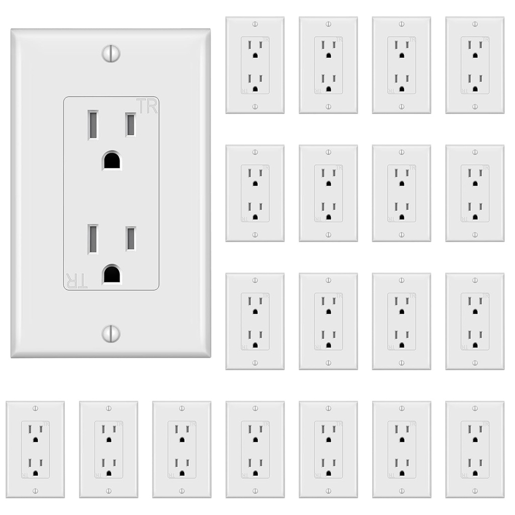 Decorator Receptacle Outlet,Wall Outlet with Wall Plate, Tamper-Resistant Electrical Outlet, Residential Grade, 3-Wire, 15A 125V, Self-Grounding, 2-Pole, UL Listed, White (20 Pack)