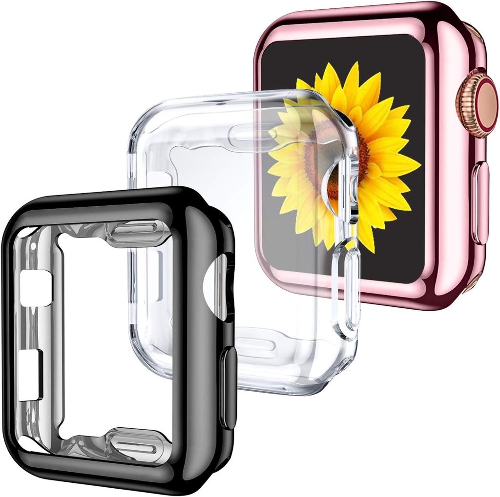 GEAK 3 Pack Compatible with Apple Watch Case 38mm,Soft HD High Sensitivity Screen Protector with TPU All Around Anti-Fall Protective Case Cover for iWatch Series 3/2/1 38mm Black/Clear/Rose Pink