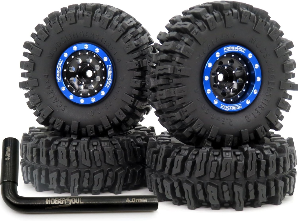 HOBBYSOUL RC 64mm Tall 1.0 Mud Slingers Tires Wheels, Soft Sticky 1.0 Tires Tyres & Metal 1.0 beadlock Wheels for RC Micro Rock Crawler 1/24 SCX24 FMS24 FCX24 1/18 TRX4M