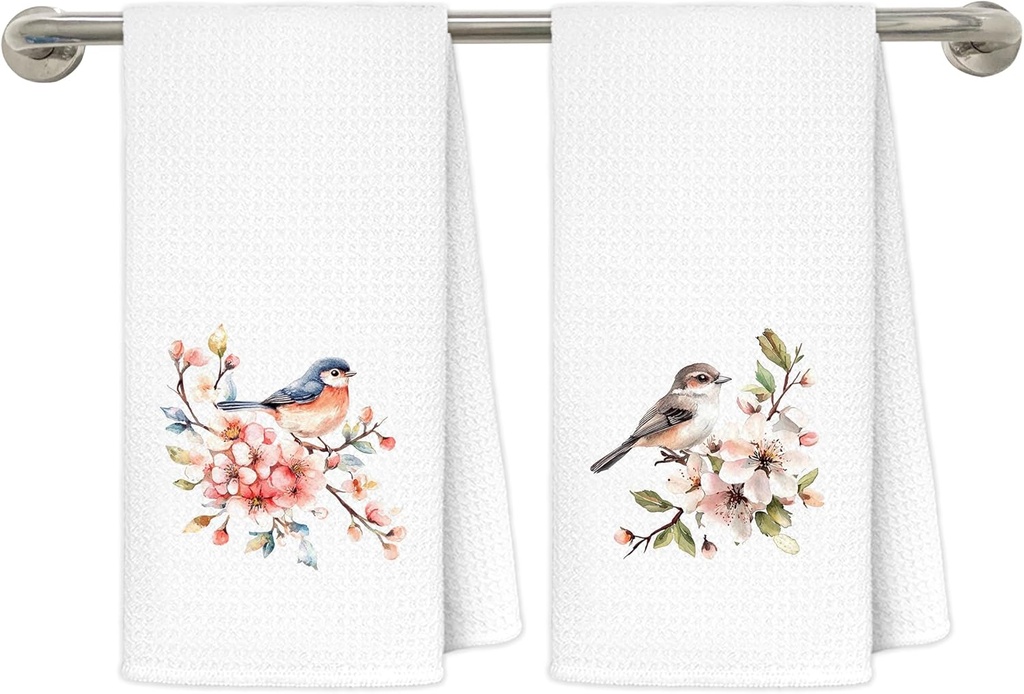 Floral Bird Kitchen Dish Towels, Gifts for Bird Lovers Watchers, Rustic Wildflower Botanical Birds Decorative Hand Towels for Bathroom, 16x24 Inch Set of 2