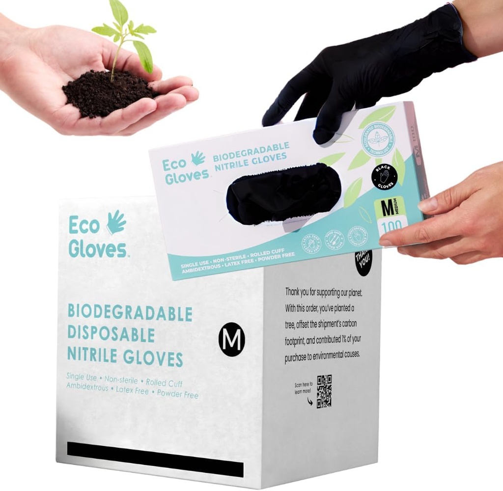 Eco Gloves Biodegradable BLACK Nitrile Disposable Gloves, 4 Mil, Powder Free, Latex Free, Food Safe, Cleaning