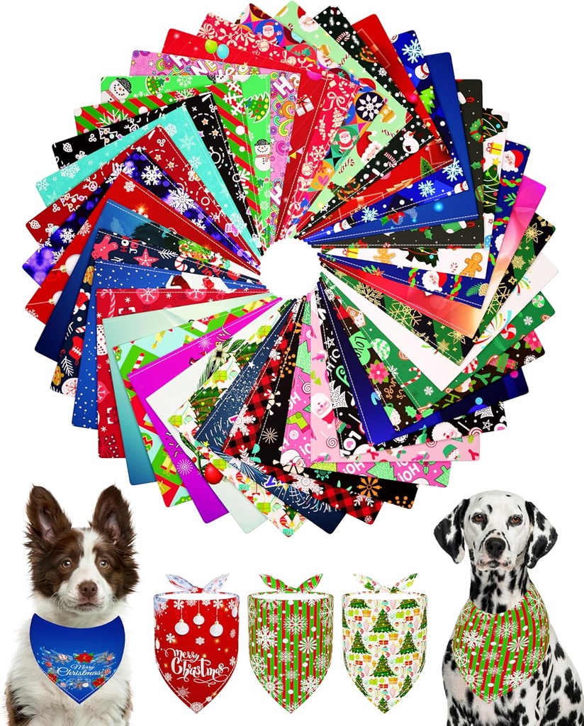 PET SHOW 50 Pack Christmas Big Dog Bandanas Bulk XL Washable Happy New Year Triangle Bibs for Medium Large Dogs Girl Boy Xmas Kerchief Set Pet Scarves Holiday Grooming Accessories