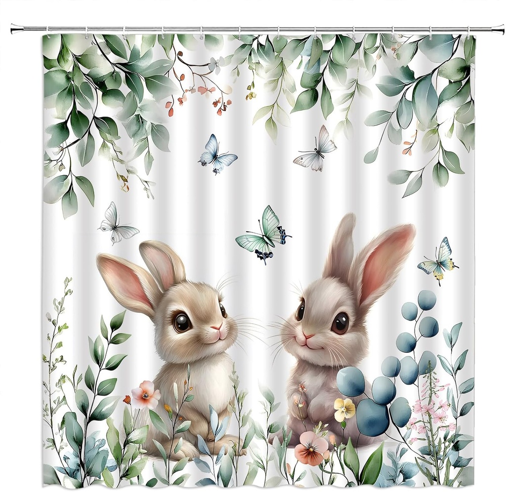 GCTNBJL Spring Easter Shower Curtain Bunny Green Eucalyptus Leaves Floral Butterfly Cute Rabbit Nature Rustic Holiday 70x70(WxH) Inches Bathroom Decor Fabric Curtain with Hooks
