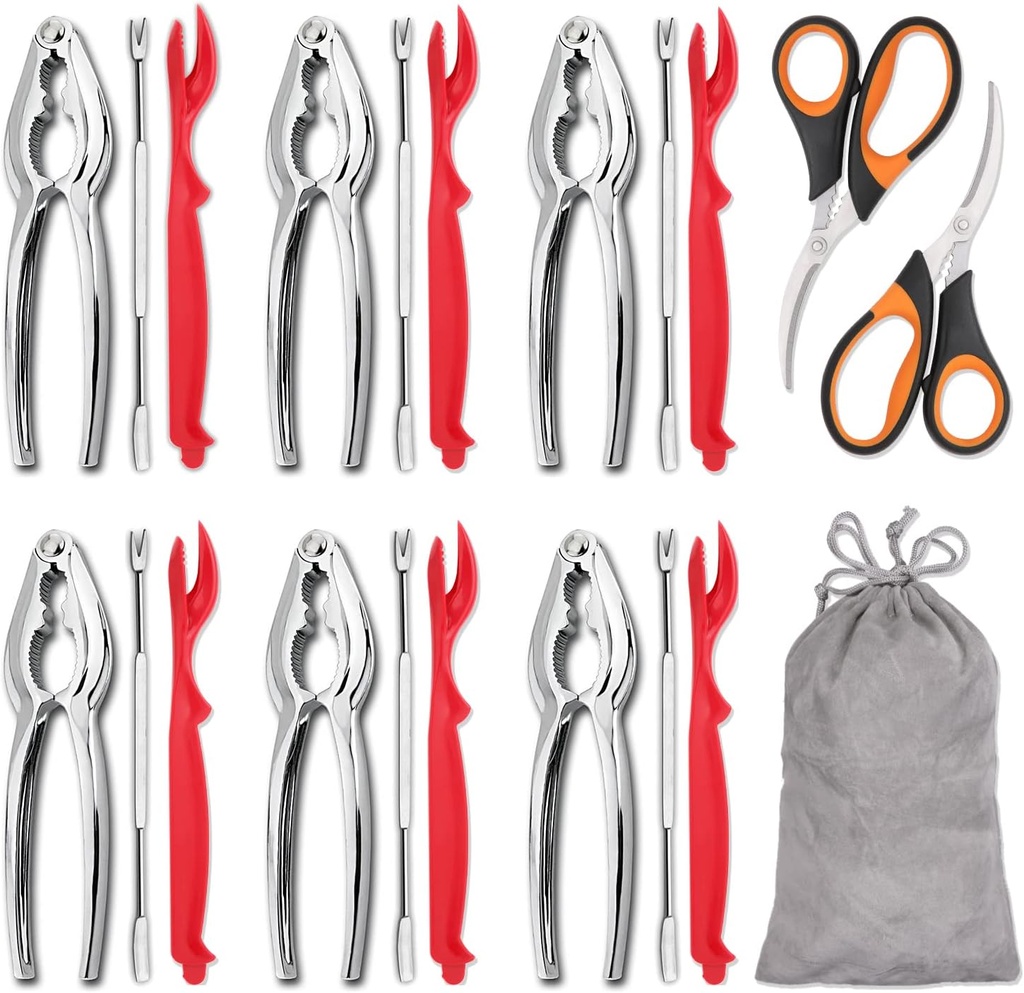 Hiware 20-piece Seafood Tools Set includes 6 Crab Crackers, 6 Lobster Shellers, 6 Crab Leg Forks/Picks and 2 Seafood Scissors & Storage Bag - Nut Cracker Set