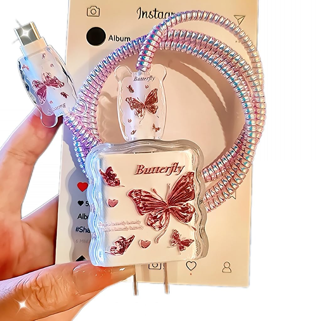 Cute Charging Cord Protector for iPhone Charger Adapter,Kawaii Butterfly Pattern,Soft Cable Protector Cover Clear Data Cable Saver for Women Girls for iPhone/iPad 18W/20W Charger Protective Case
