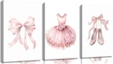 3Pcs Pink Ballet Nursery Canvas Wall Art Girls Baby Ballerina Painting Decor Pictures Bow Dance Skirt Shoes Kids Poster Prints for Dance Studio Baby Room living Bedroom Decoration