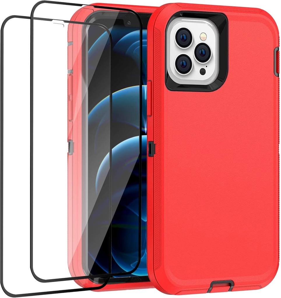 Defense iPhone 12 Case iPhone 12 Pro with Two Screen Protector Tempered Glass 3 Layer Rugged Heavy Duty Cases for iPhone 12/ iPhone Pro 6.1 inch (Red+Black)
