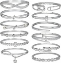 12 Pack Women's Zinc Alloy Gold/Silvery Bangle Bracelet Jewelry Bulk Set with Infinity Symbol, Safety Pin, Cross, Pearl, Clover, Star Pendant & Rhinestone Designs - For Daily Wear, Special Occasions & Women Gift for Her, Girlfriend, Wife, Mom, Sister, Lover on Birthday, Christmas, Valentine's Day, Mother's Day