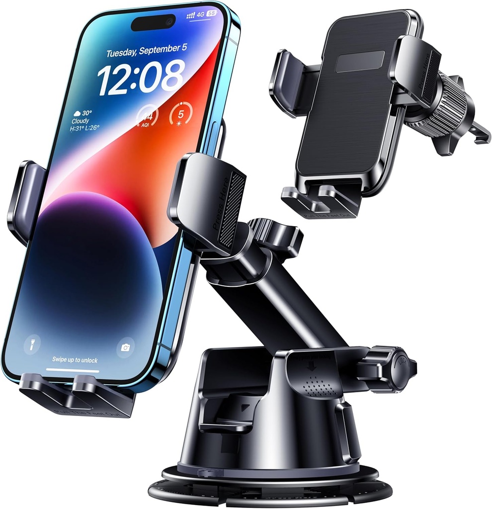 Car Phone Holder Mount, [Military-Grade Suction & Super Sturdy Base] 3 in 1 Universal Phone Mount for Car Dashboard Windshield Air Vent Dash Pad Car Mount for iPhone Android Smartphone